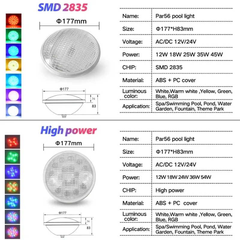 ABS 12V Par56 Led Lamp Ip68 Water Proof Cold White RGB Replacement Underwater Bulb Swimming Pool Light