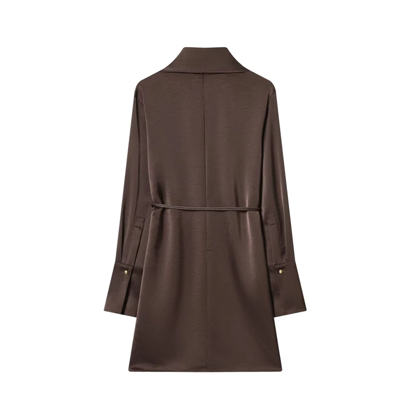 Sukienka midi damska z długim rękawem, czekoladowo-brązowa, satynowa, z golfem, z paskiem, asymetryczna, drapowana, elegancka suknia na przyjęcie.