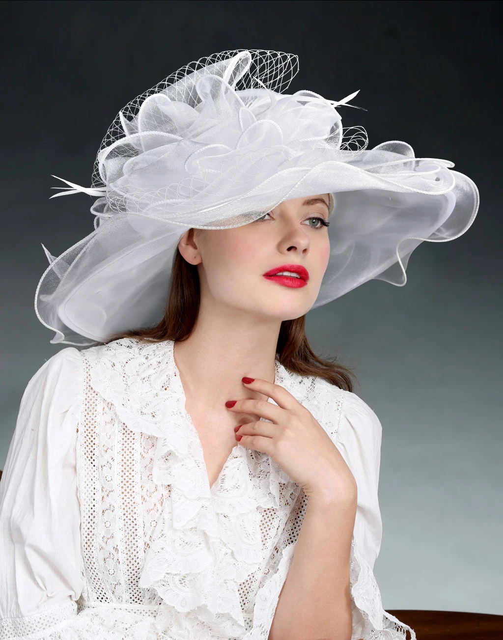 Kentucky Derby Hat Church Hat Women White Organza Derdy Hat with Net Feathers & Ruffle Bridal Hats for Ladies S10-3190