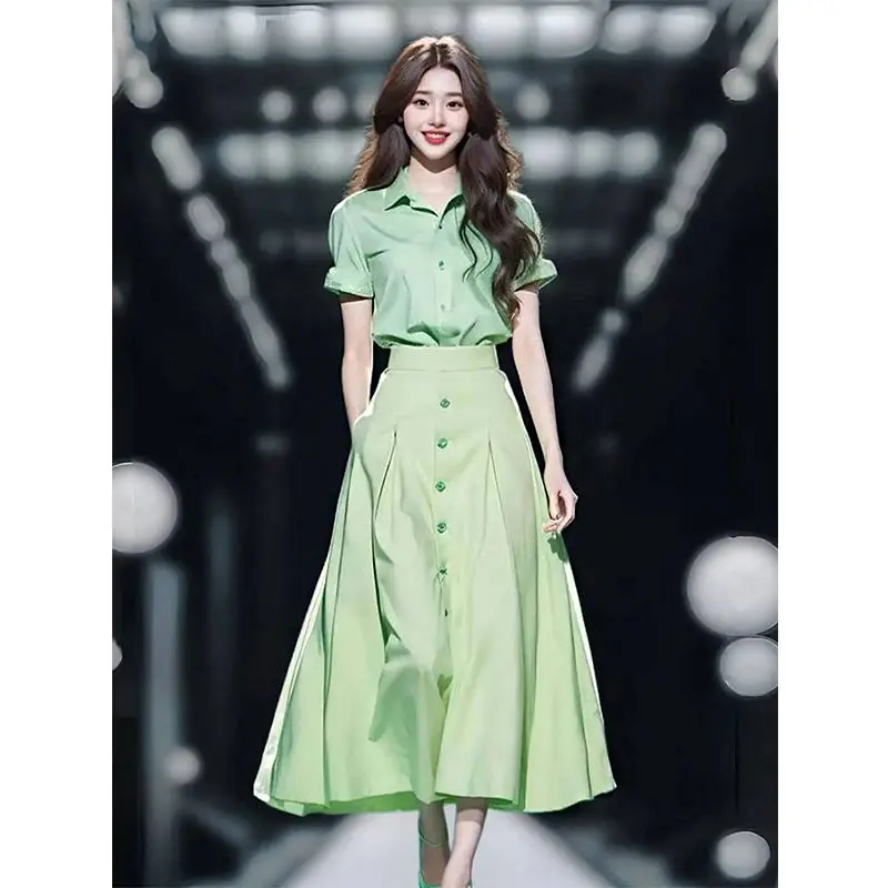 Korea Women's Outfits Green Lantern Sleeves Vintage Top High Waisted Single Breasted Design Chic Skirt Set For Women Spring