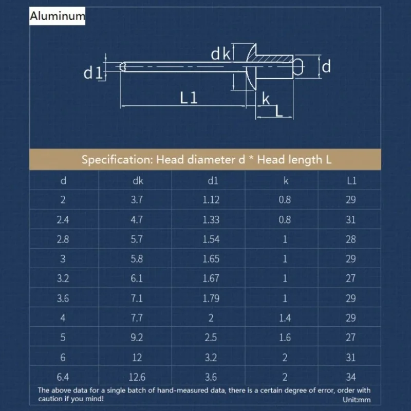 Aluminium Blind Rivets M2 M2.4 M2.8 M3 M3.2 M4 M5 M6 M6.4 Dome Head Pop Rivets for Aluminium Sheet Steel Mandrel Exhaust Rivets