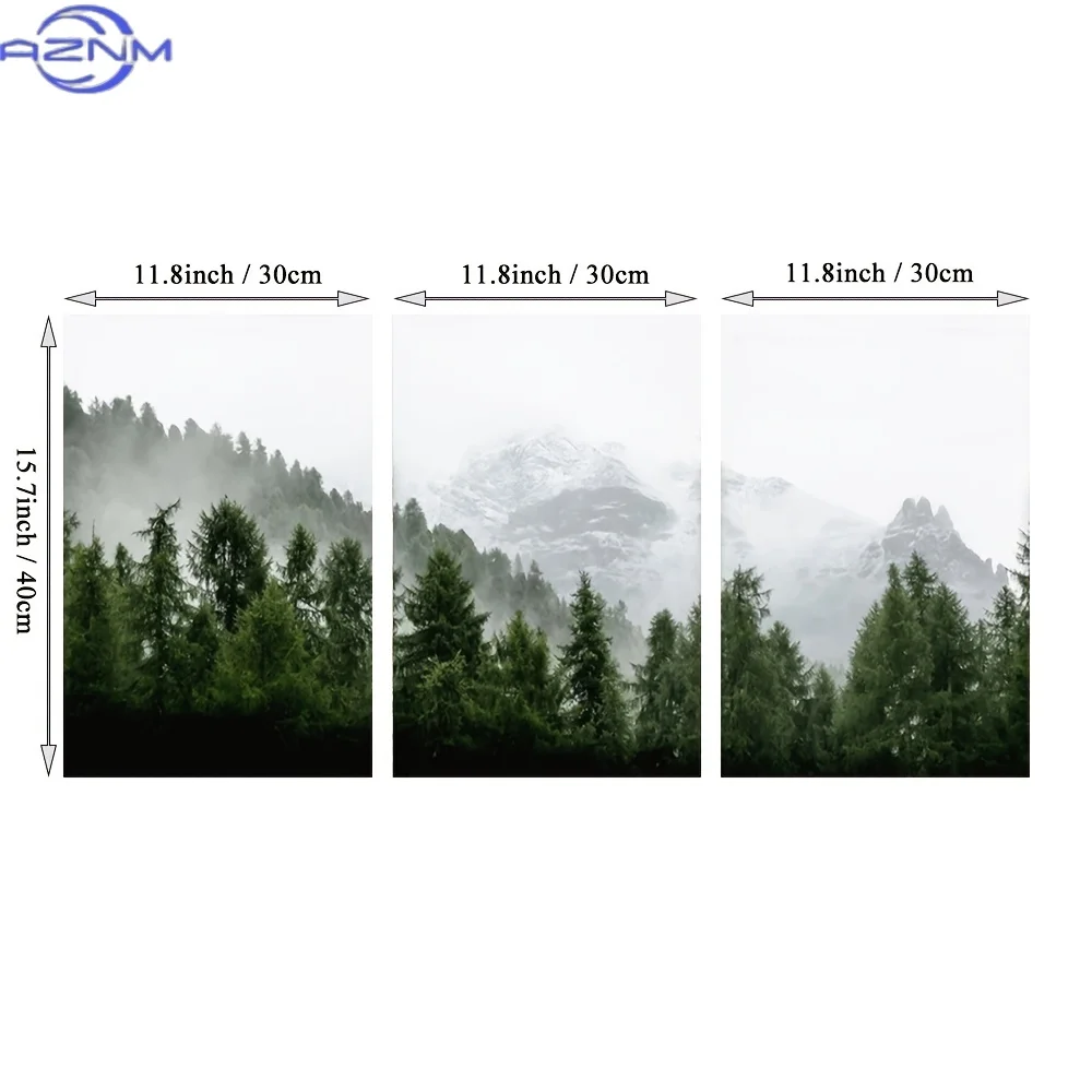 3pcs Green Forest Landscape Canvas Painting - Modern Minimalist Misty Poster for Home Decor