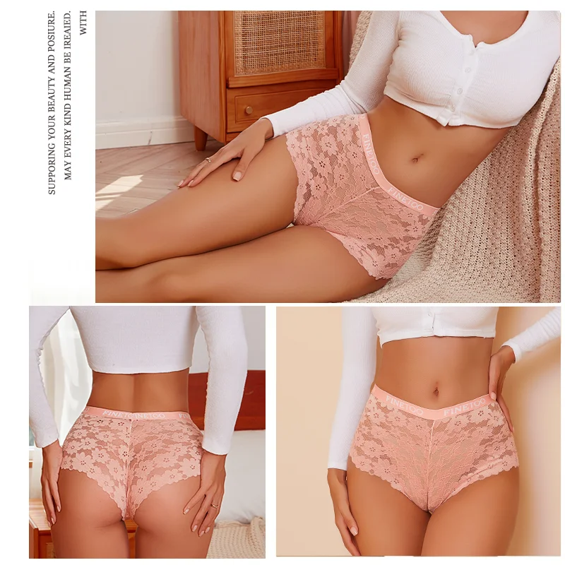 3 uds Boxers sexis de encaje sin costuras para mujer, ropa interior femenina transpirable de cintura baja, ropa interior íntima de Color sólido suave, lencería elástica alta S—XL