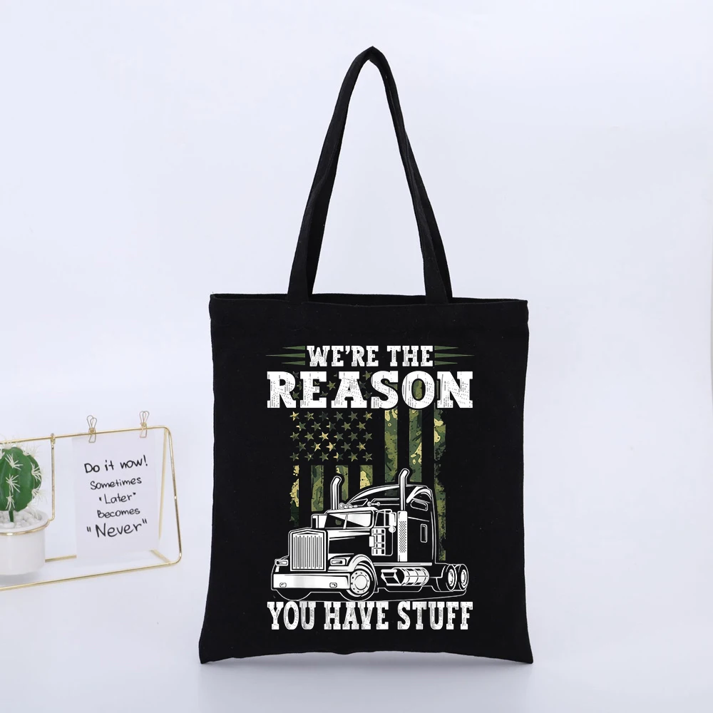Truckers' Black Canvas Tote Bag with American Flag and Slogan Print, Casual Style for Daily Shopping