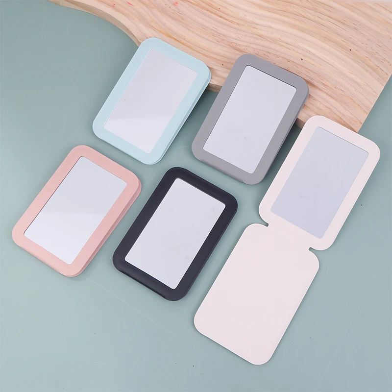 Flip-up Folding Mirror Solid Color PU Leather Simple Portable Handheld Makeup Mirror Student Compact Cute Pocket Mirror