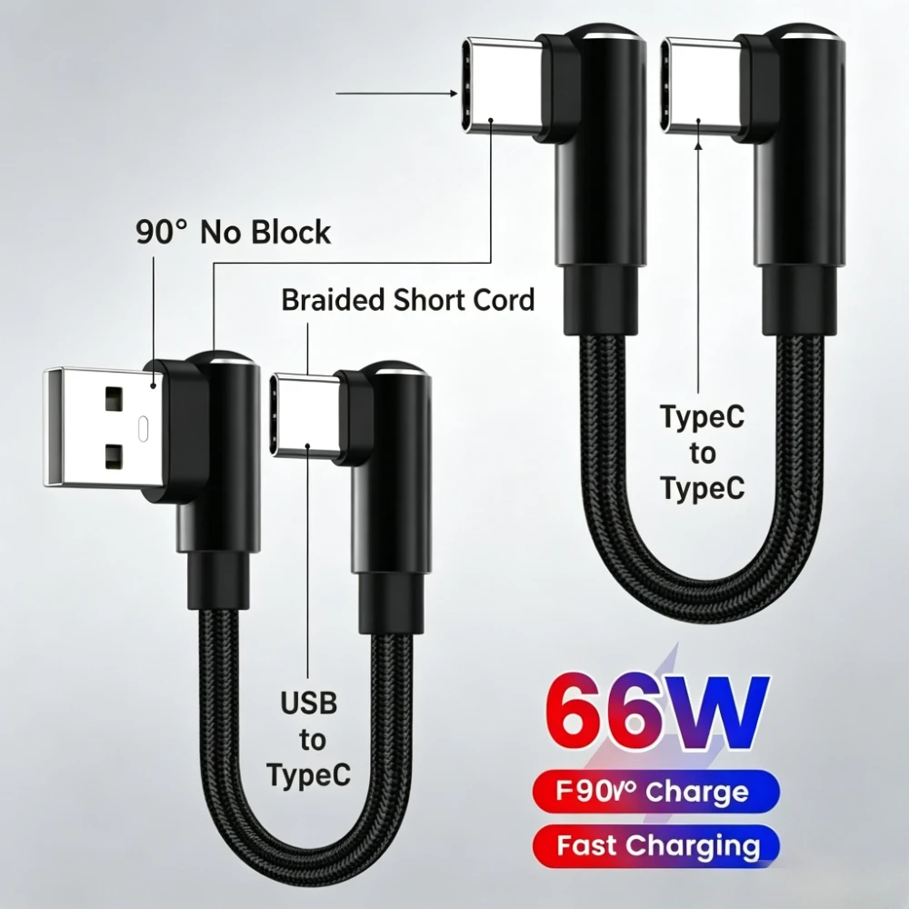 66W 90° Dual‑Elbow Short USB A To Type C Fast Charging Data Cable 0.25M‑0.5M Cord For iPhone 17 16 Xiaomi Samsung Huawei Phone