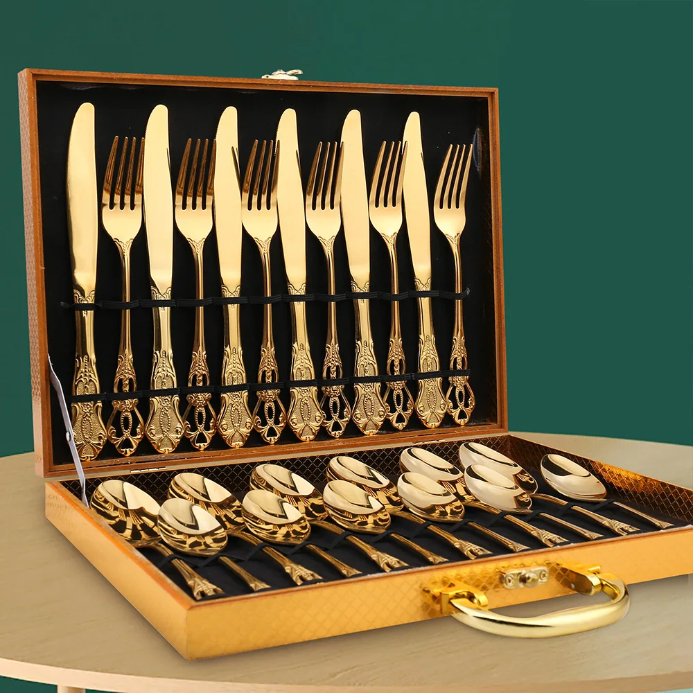 

relief tableware set European style stainless steel steak knife, fork and spoon cross-border Western food gift box 24 PIECE SET