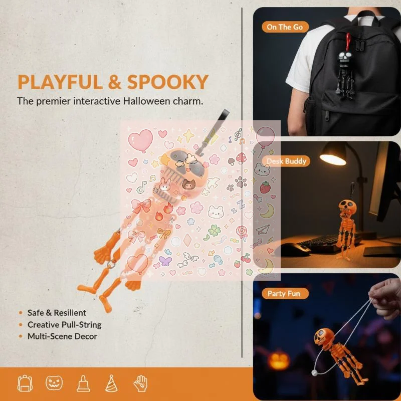 Pull String Skeleton Keychain Fun Skeleton Bag Charm Plastic Skeleton Keychain Spooky Movable Joint Keychain For Daily Stress