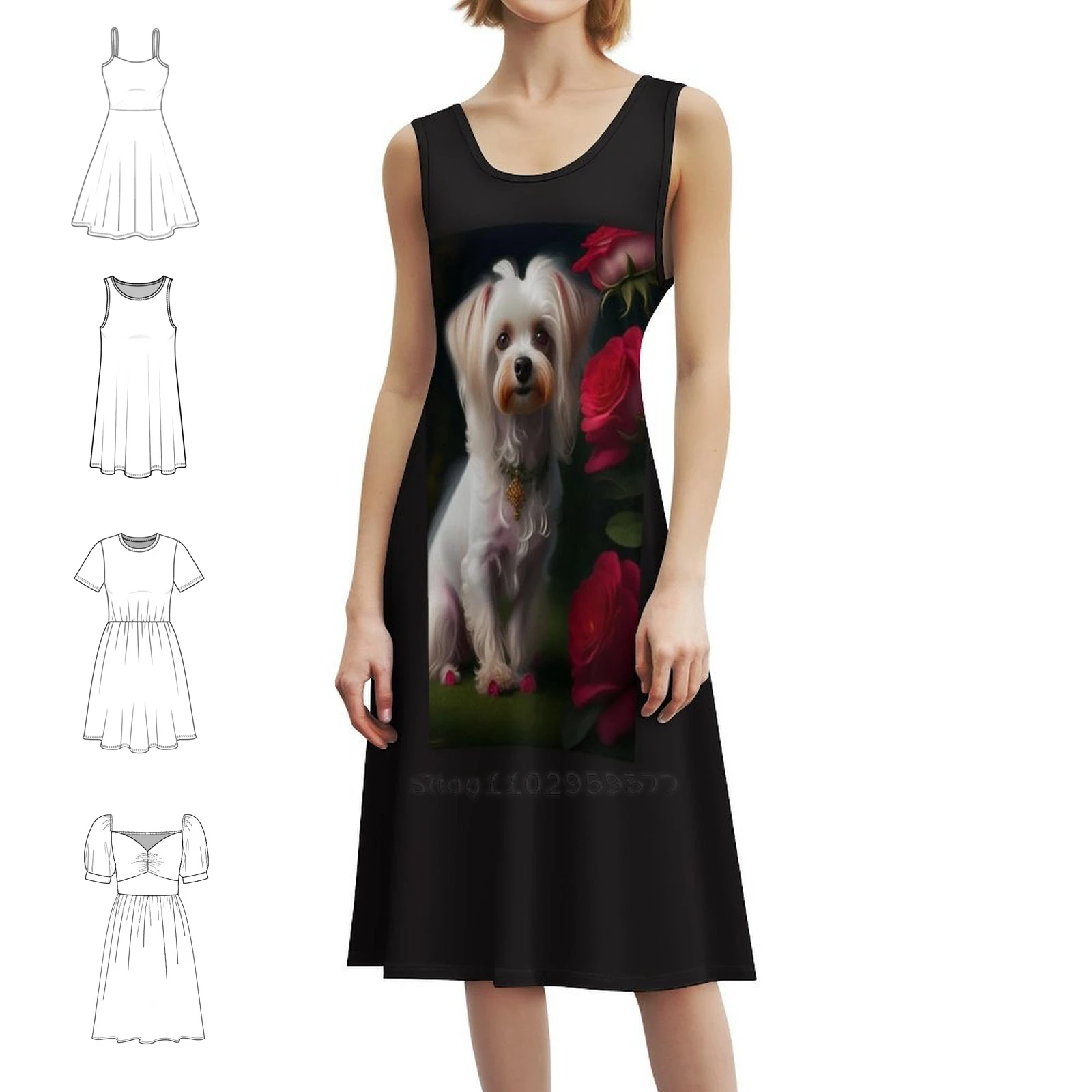 かわいい犬のヴィンテージボヘミアンドレス パフスリーブまたはノースリーブのオプション 女性用ドレス かわいい犬のママ用ドレス マム用バラの愛らしいドレス