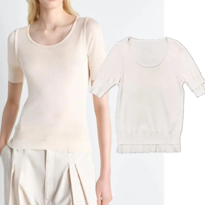 Maxdutti 88% Viscose Summer T-shirt Women Slim Fit Short Sleeved Knitted Sweater Base Top Southern France Woman Clothes Tee