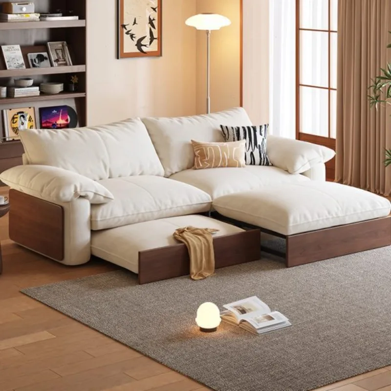 Telescopic folding solid wood sofa Japanese log multi-functional small apartment living room sofa bed push and pull storage
