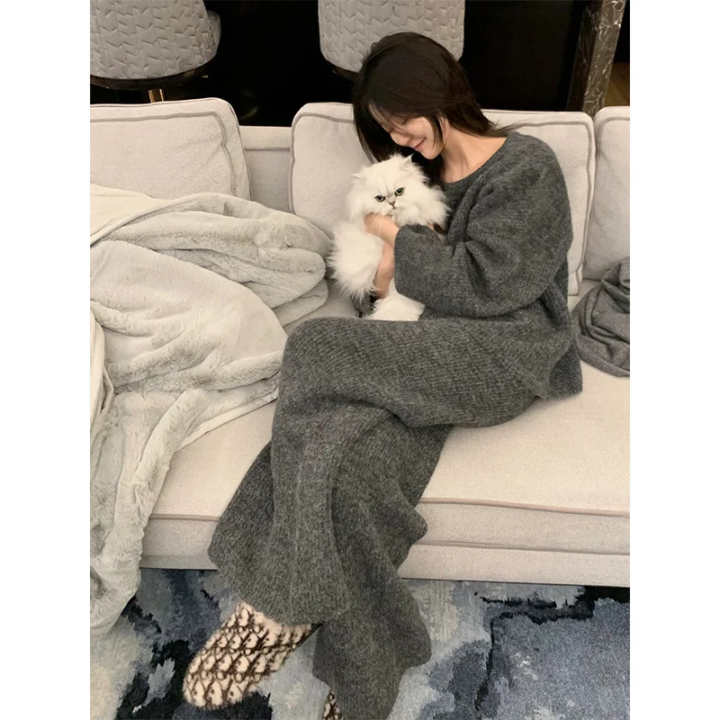 Conjunto de pijamas macios moda coreana feminina ao ar livre casa wear outono inverno casual malha em torno do pescoço pulôver calças conjunto de duas peças