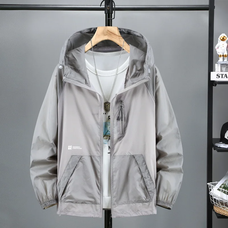 Men Summer Jackets Thin Ice Silk Sun Protection Ultra-Light Hooded Jacket Big Size 9XL Windbreaker Jacket
