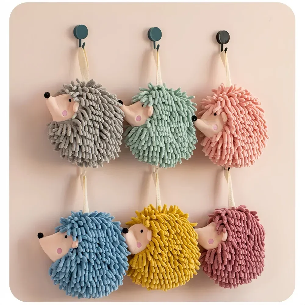Fuzzy Ball Hand Towels Hedgehog Cartoon Towels Absorbent Funny Hanging Hand Drying Towel with Loop for Bathroom Kitchen