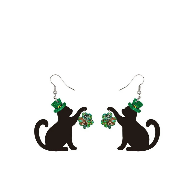 St. Patrick's Day Earings Acrylic Irish Shamrock Hat Black Cat Green Clover Dangle Earrings for Women Girls Party Jewelry Gift