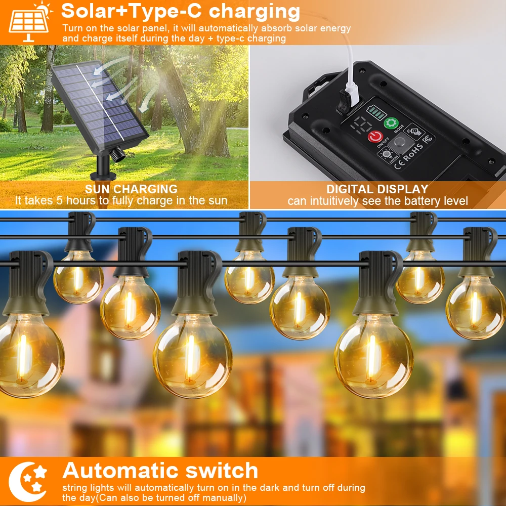 G40 Outdoor Solar String Light Garland LED Solar String Lights 24V Globe Waterproof Hanging Lights for Garden Backyard Cafe