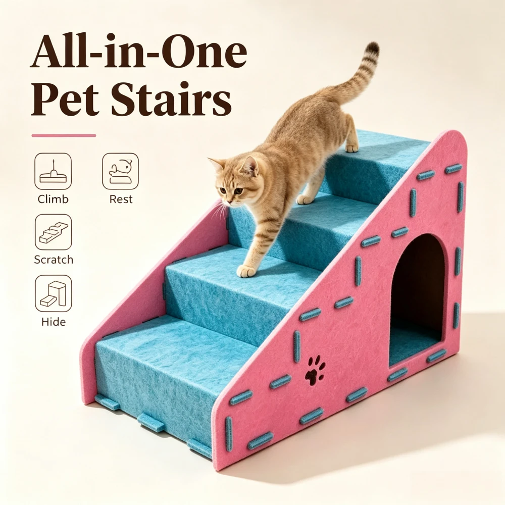 Three-in-one Cat Ladder Multi-function Scratching Board and Cat Litter Integrated Design Non-slip Cat Trail Pet Stair Steps