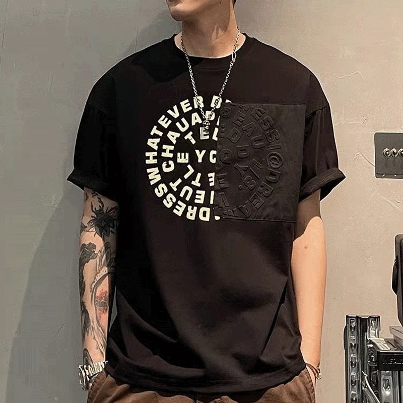 2023 New Men\'s Clothing Summer Fashion Casual Korean Version Youth Trend Round Neck Letter Printed Loose Cotton Commute T-shirt