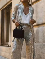 Tossy Sequin Fashion 2 Piece-Set Women Straight Legg Slim Glitter Patchwork Suit Outwear And Women's Pants Sets Female Outfits