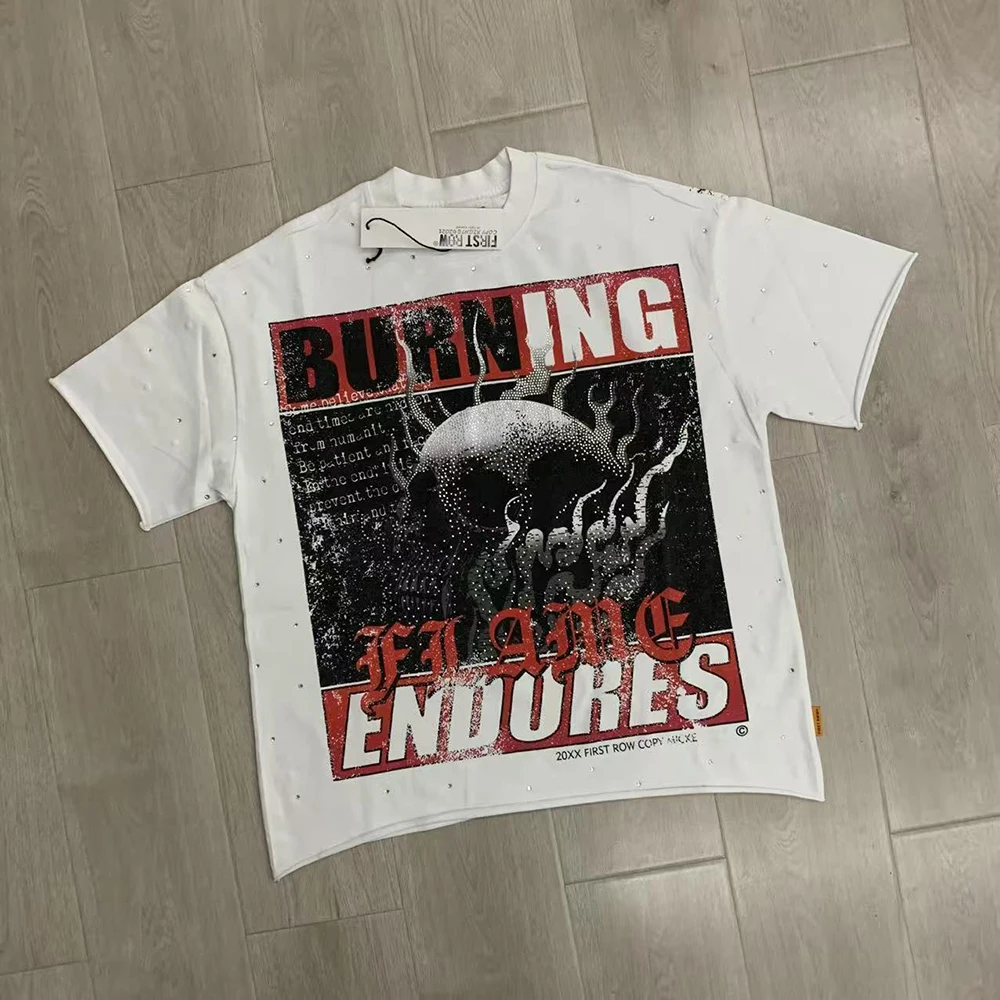 Streetwear Vintage Washed Diamond Cropped Tee for Men Crew Neck Short Sleeve Loose Cotton Rhineston Tshirts Oversized image 3
