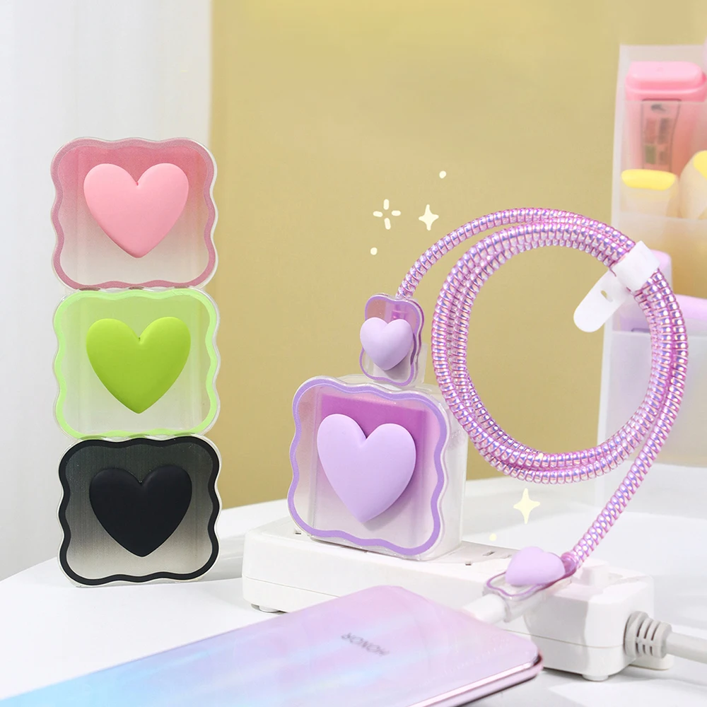 3D Love Heart Charger Protector Cover For iPhone 15 14 13 12 11 Charger 18W 20W Silicone Case Cable Winder Power Adapter Sleeve