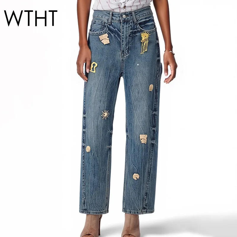 WTHT 2026 Spring New Fashion Women's Metal Buckle Design Straight Jeans Trendy High Waist Denim Pants Female 1LS2910