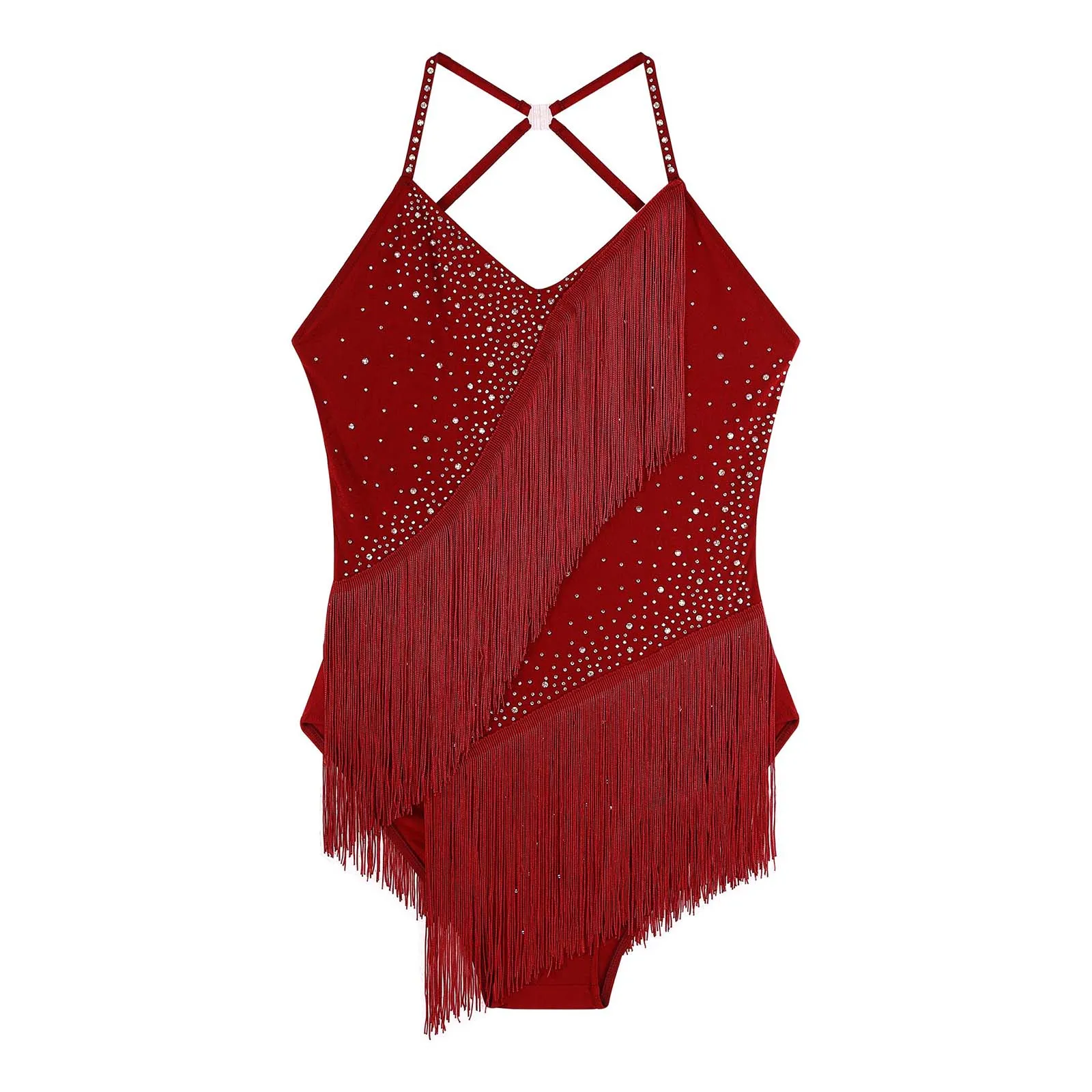 여성 라틴 댄스 레오타드 민소매 홀터넥 넥 라인 석 장식 된 등받이 술 레오타드 공연 경쟁