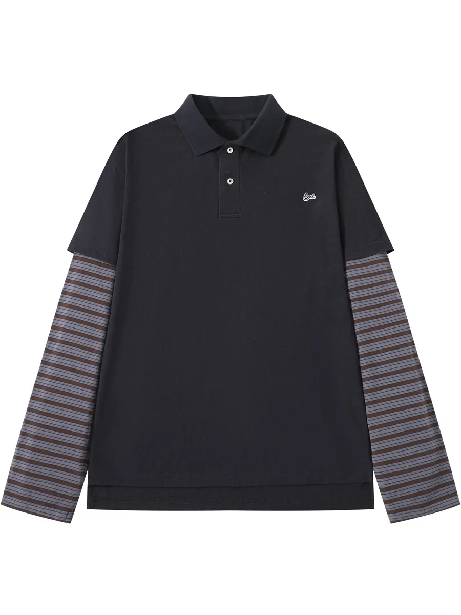 ERL 25SS embroidered striped sleeve fake two-piece long-sleeved polo shirt