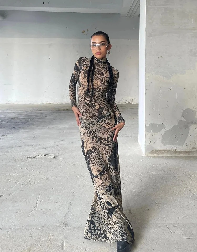 شبكة خمر طباعة فستان ماكسي المرأة مثير شير كم طويل الوقوف الرقبة رقيقة نحيل رداء الإناث الاتجاه الجديد حفلة Bodycon #4