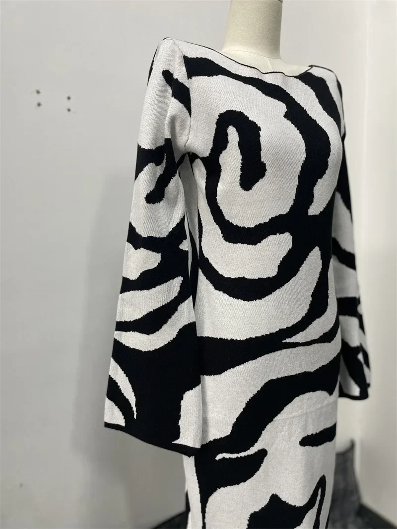 Laxsesu elegante abito lungo maglione donna autunno inverno o collo manica lunga nero bianco strisce casuali abito aderente da sera per feste