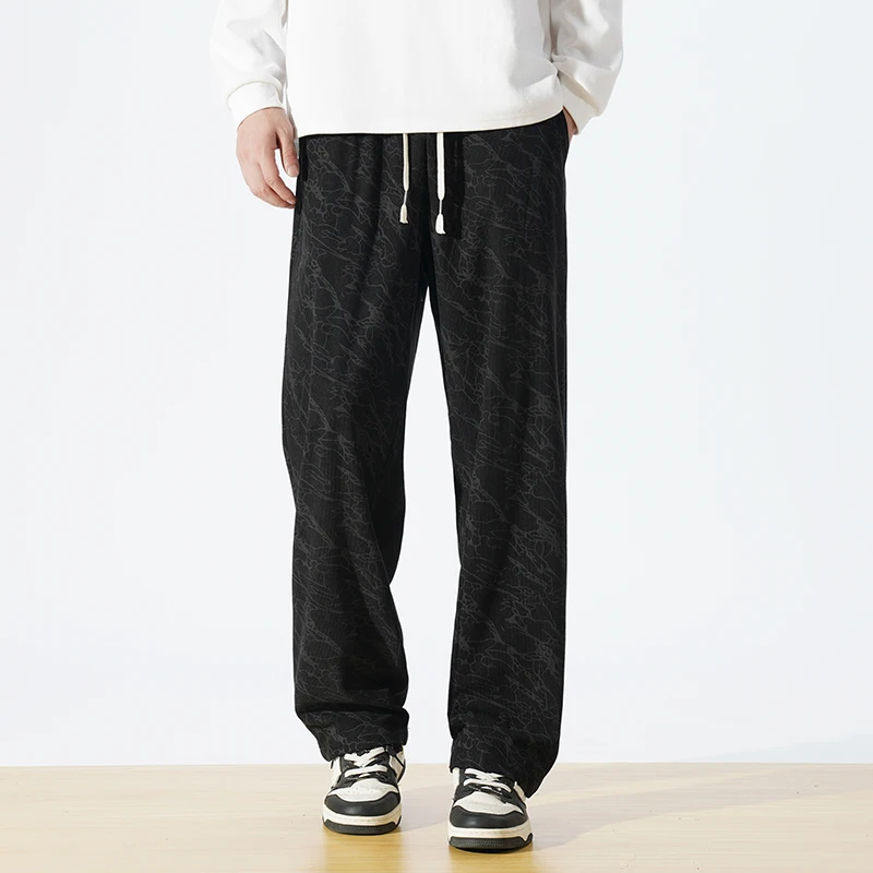 

Black tie dyed casual pants for men American retro corduroy pants loose and laid-back style straight leg trousers