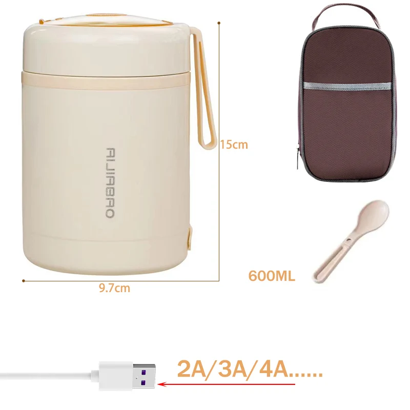 600ML USB Electric Heated Lunch Box Small School Student Workplace Car Outdoor Heating Food Warmer Container 5V 12V 24V Thermal