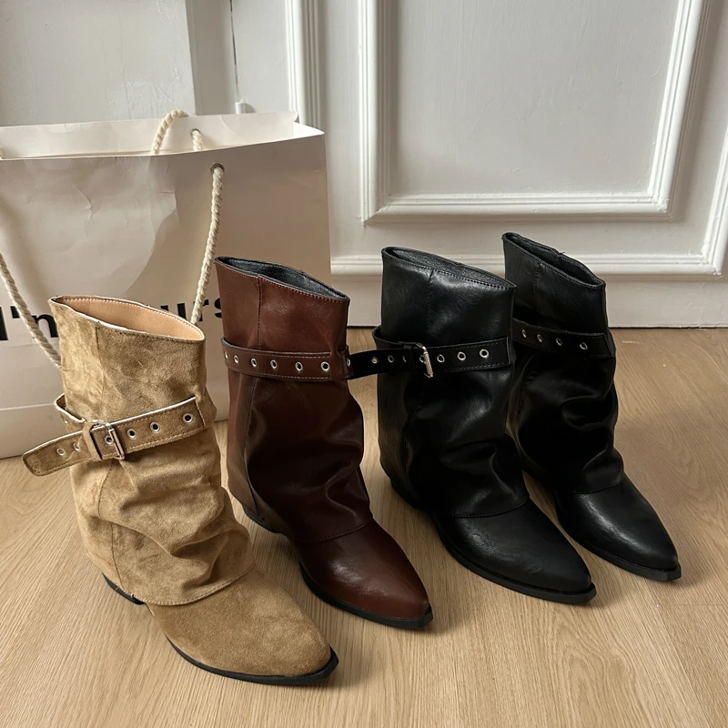 

Inner Heightened Belt Buckle New Boots Women 2025 Women British Style Booties Trouser Leaf Boots Mid-Leg Knight Boots