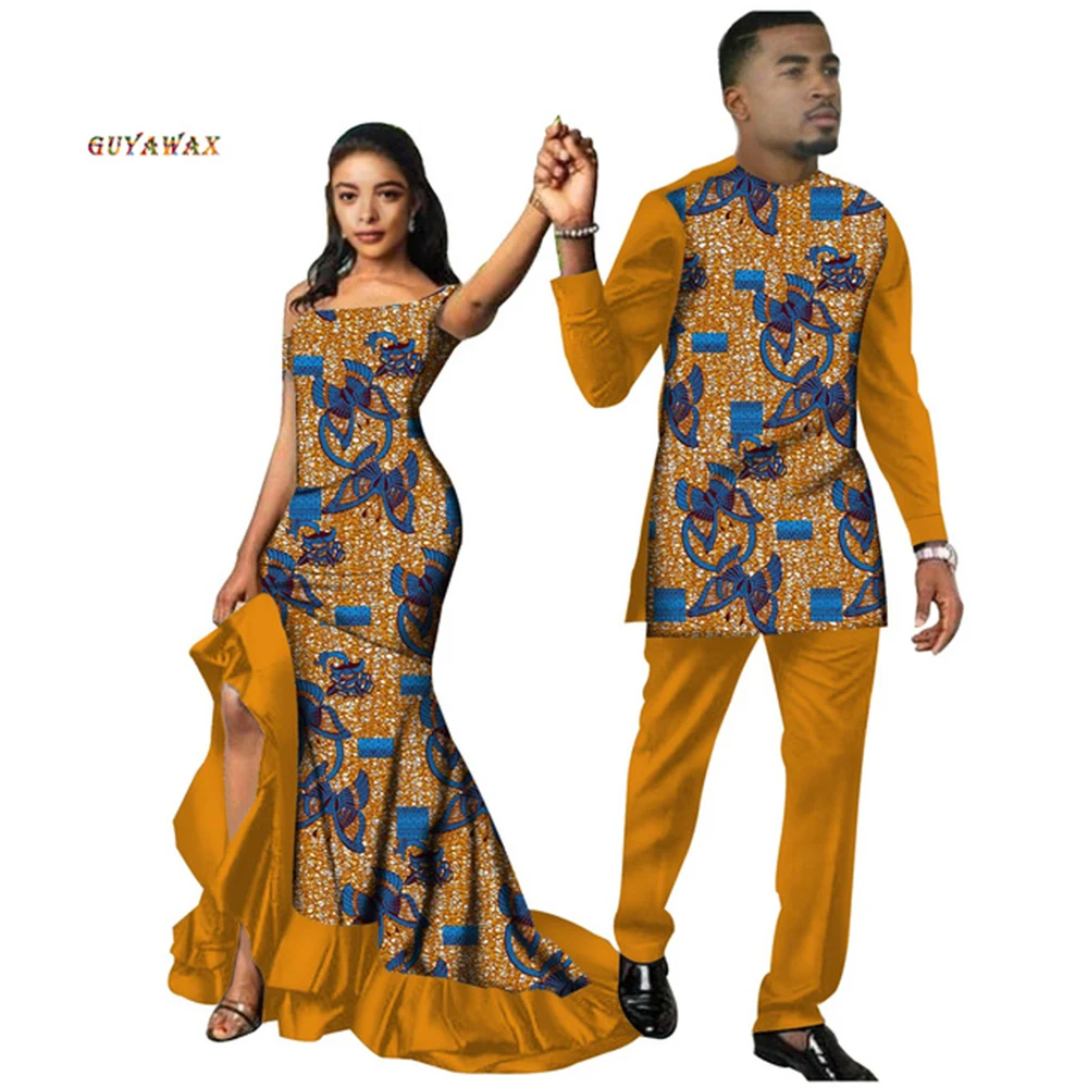 

African Couples Clothes Bazin Riche Groom Wedding Tuxedos 2 Pcs Shirts Pants Sets Fashion Tailleur Femme African Dashiki Dresses