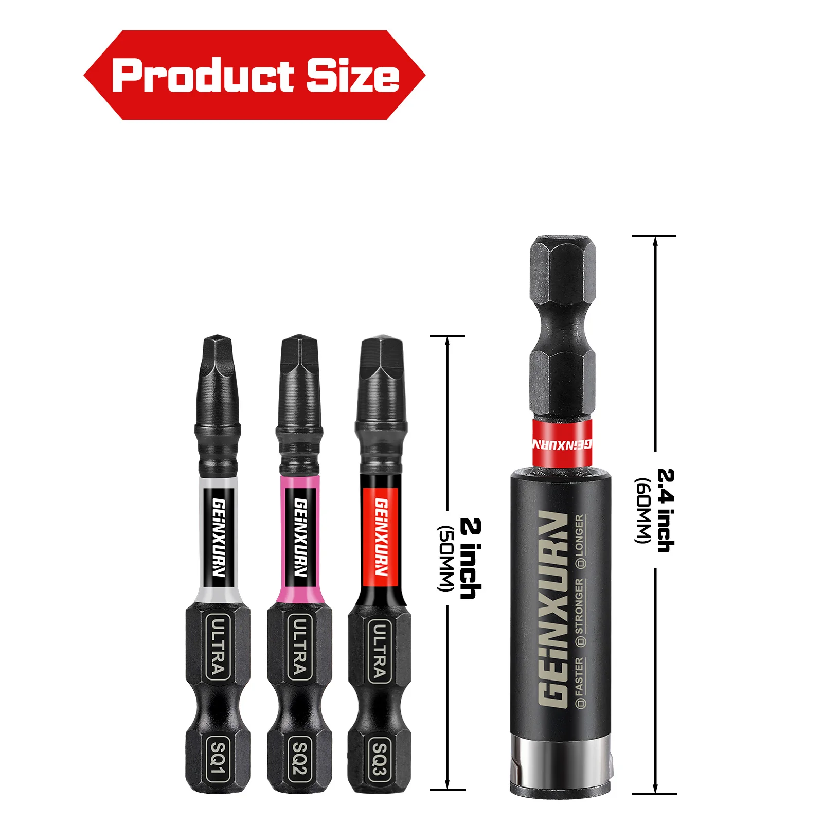 Geinxurn Impact Square Screwdriver Bits Set(SQ1/2/3), 2” Magnetic S2 Steel Bits Set and Impact Bit Holder with Color Coded Base
