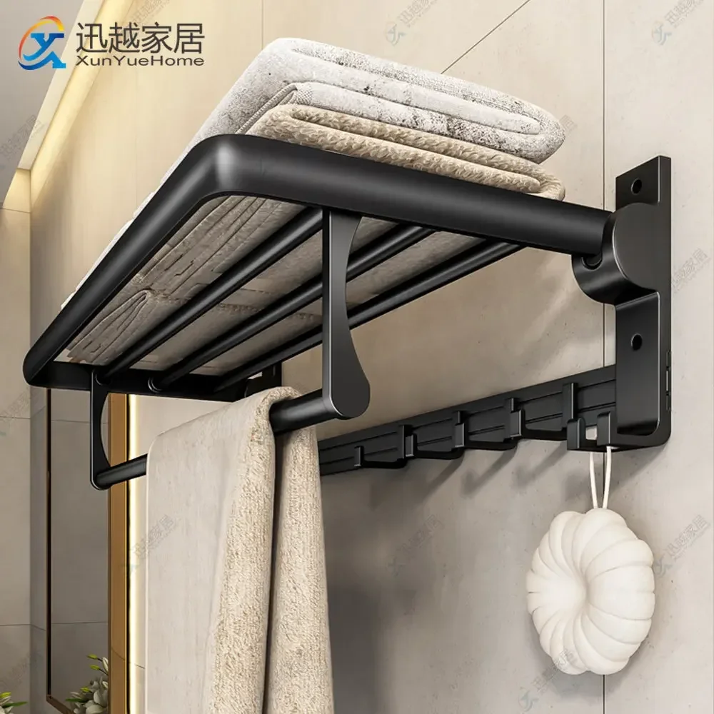 

Bathroom Towel Rack Holder Fold Movable Hook Clothes Hanger Wall Black Aluminum Shower Bar Rail Toilet Storage Shelf Acessorios