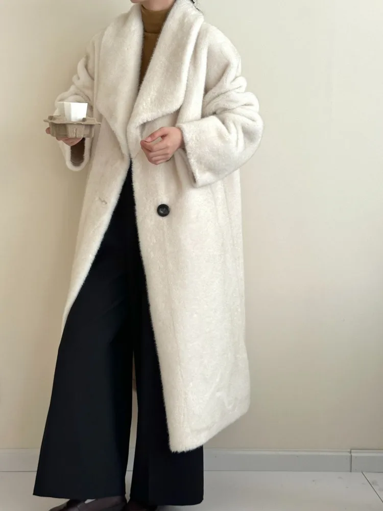 LANMREM Elegant Imitation Mink Coat For Women Lapel Single Breasted Solid Color Long Coats 2024 Winter New Clothing 2Z2628