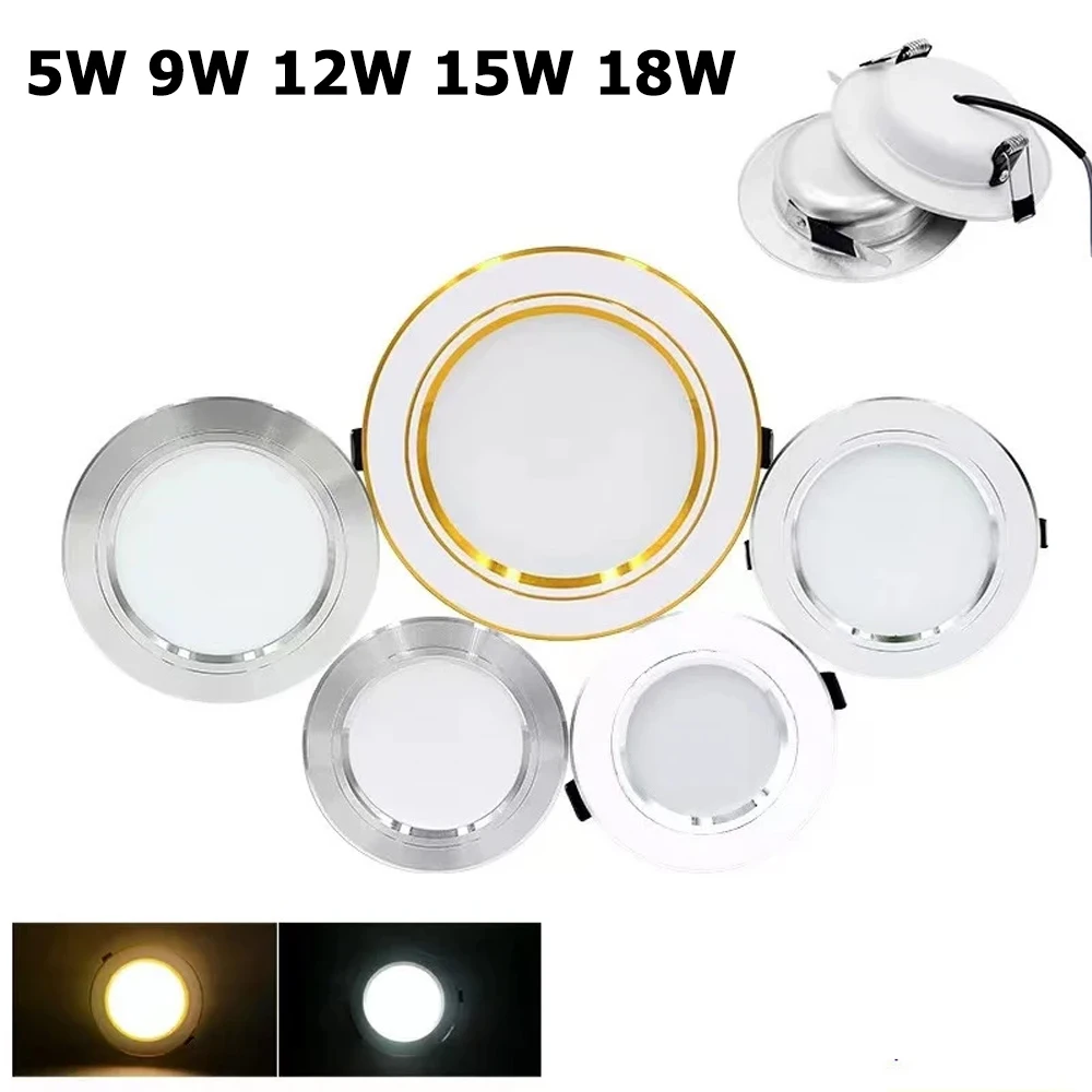 

5W 9W 12W 15W 18W Recessed Ceiling Light AC 220V Round Ceiling Panel Spotlight White/Silver/Golden Led Downlight Warm/Cool White