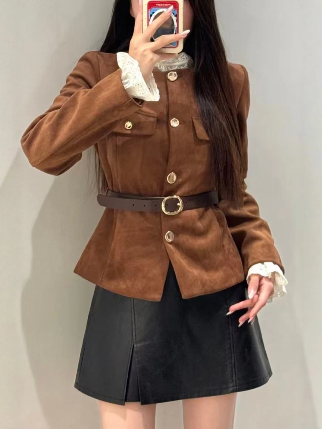 New Women's Workwear Jacket with Pockets And Belt Faux Velvet Texture Short Coat round Neck Button Closure Long Sleeve