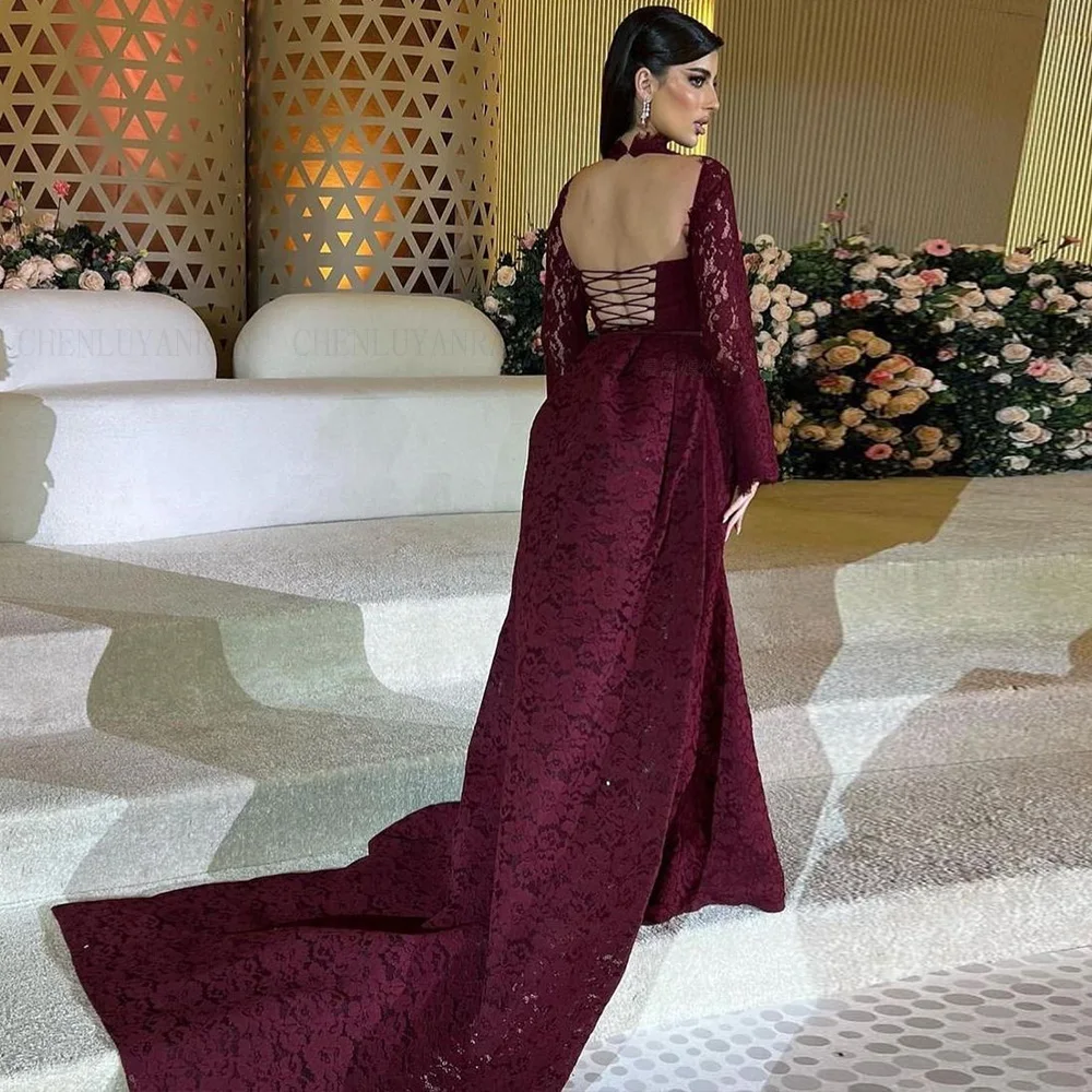 Lace Burgundy Formal Occasion Dresses 2024 V-Neck Long Sleeves Mermaid Ball Gown Backless Sexy Evening Party Gown فساتين الحفلات