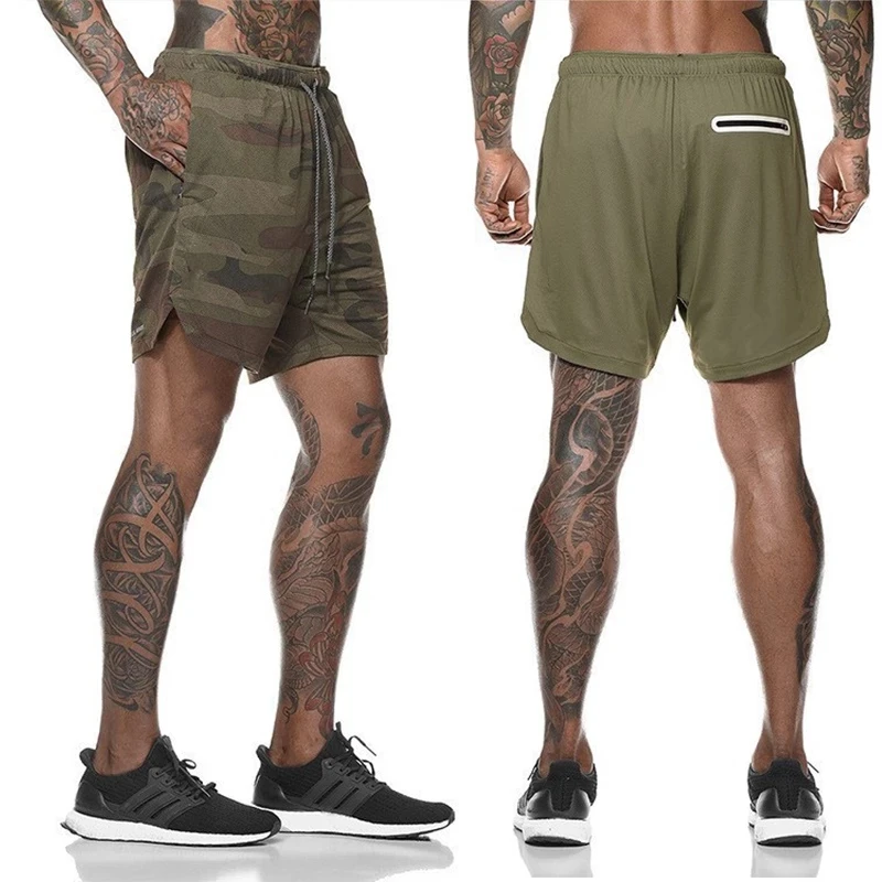 Camouflage Military Shorts Men Running Shorts Fast Dry Double Layer 2 in 1 Gym Short Pants Beach Shorts Male Fitness Sweatpants