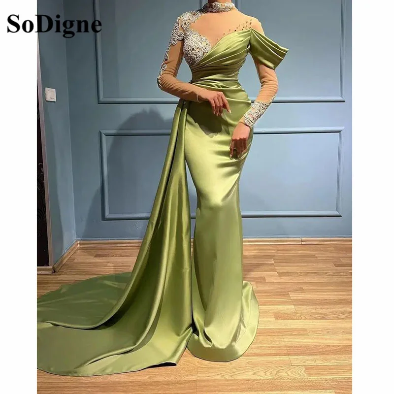 

SoDigne Mermaid Evening Dresses 2023 Long Sleeves Lace Appliques Stain Beads Sequins High Neckline Prom Dress Robes De Soirée