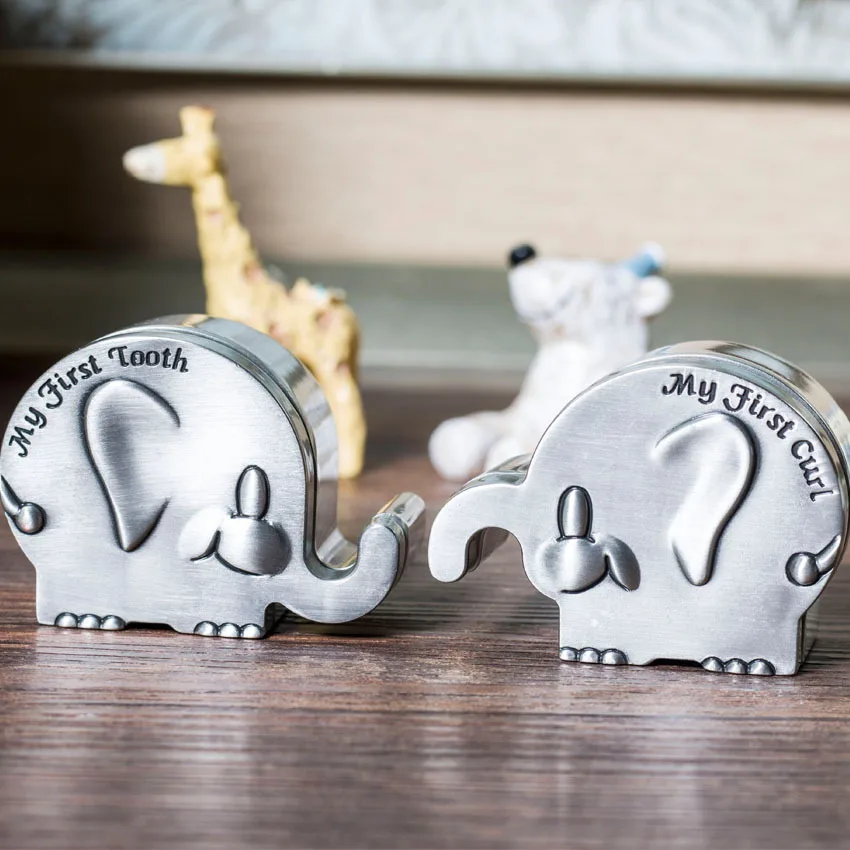 

2Pcs/Pair Elephant Shape Baby's First Tooth Curl Metal Storage Box Tin Container For kid's Gift Boxes JB025