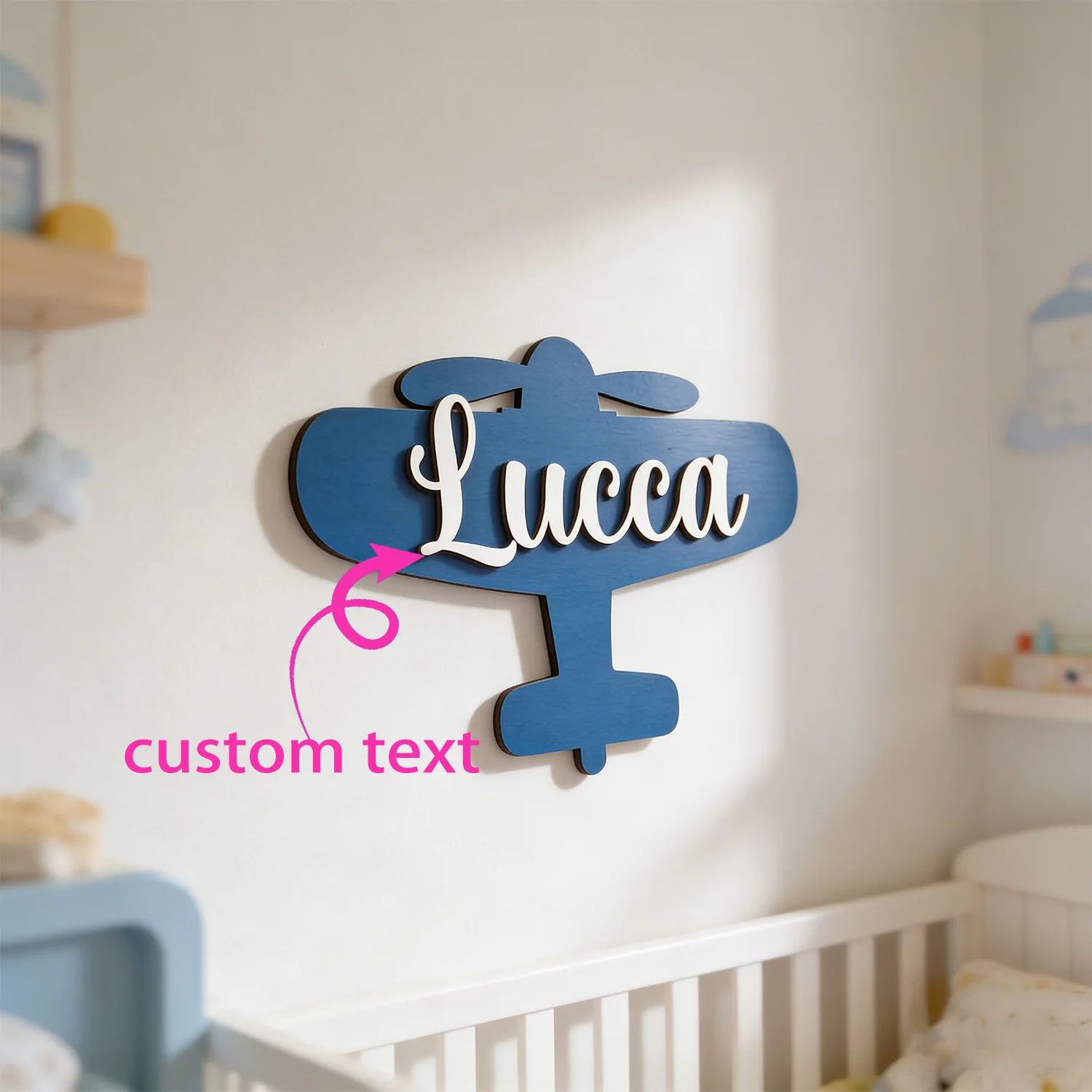 1pc Custom Airplane Shaped Wooden Name Sign Personalized Cursive Text Wall Hanging Bedroom Indoor Home Decor Gift