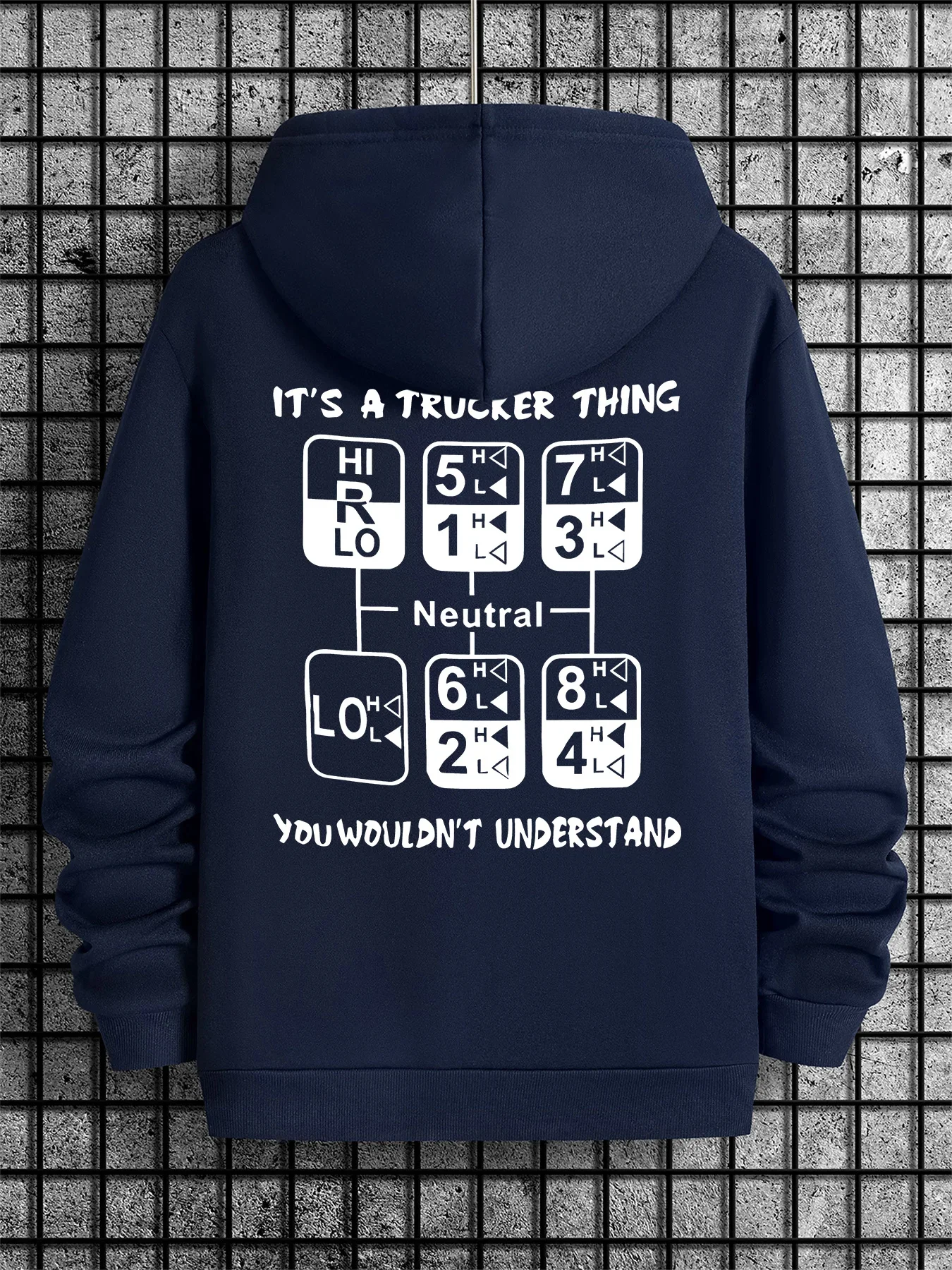 Men's Workwear Street Style Hoodie, Truck Driver Gear Shifter Pattern Slogan Print Autumn and Winter Fleece Loose Pullover
