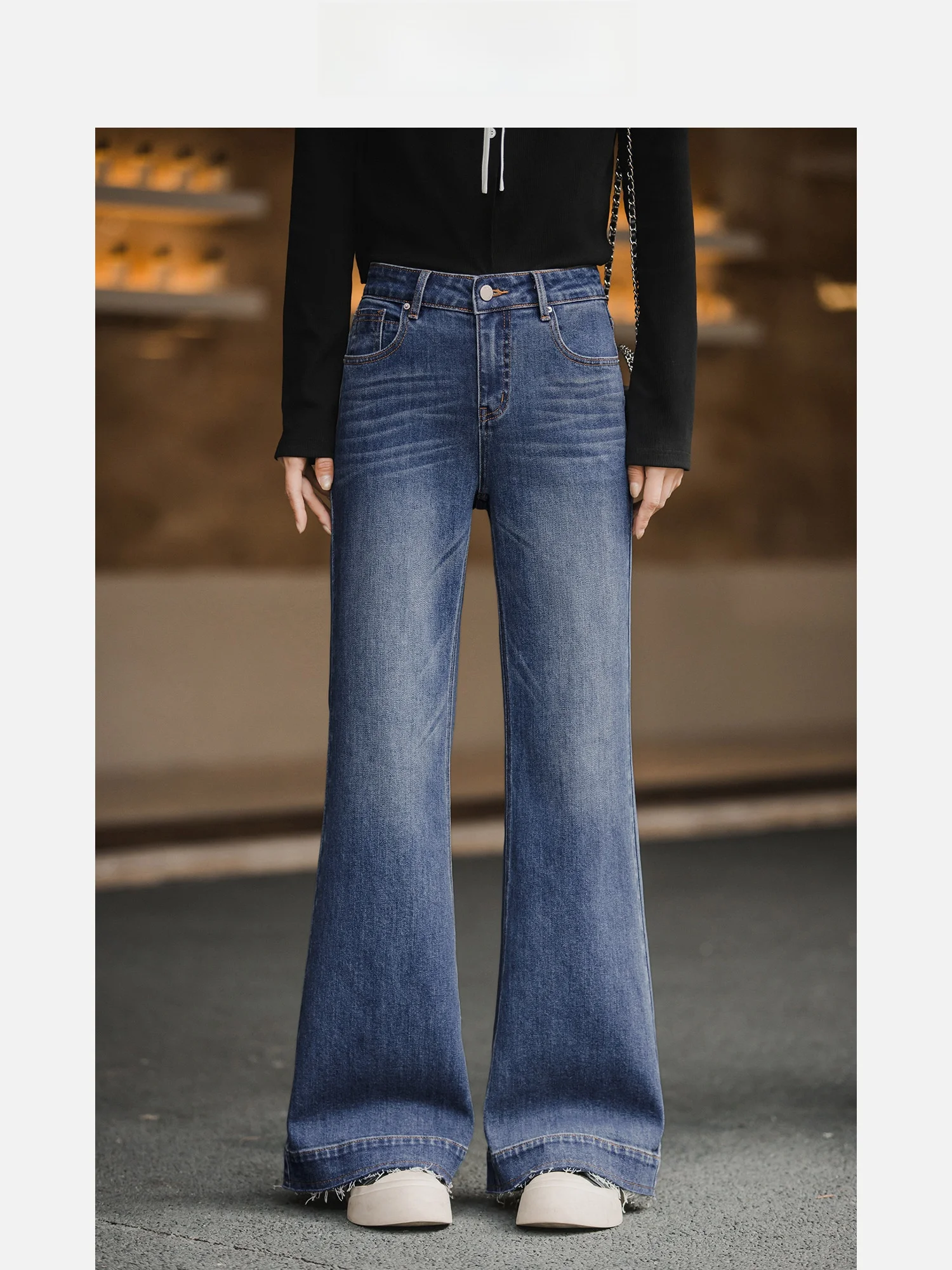 

High Waist Flared Jeans Women's Miniature Spring Summer Slimming Frayed Long Pants Hand Rubbed Denim Straight Leg Micro Stretch