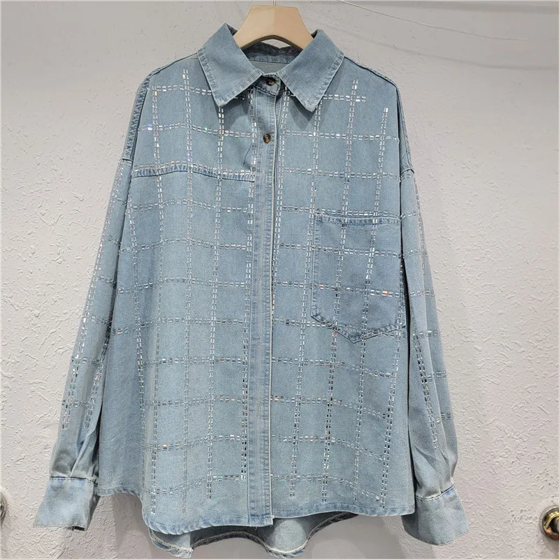 

SuperAen 2024 European Spring and Autumn New Heavy Industry Hot Stamping Design Denim Shirt Women Loose Layered Shirt