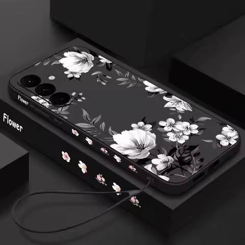 Black White Floral Pattern Lanyard Case For Samsung Galaxy S25 S24 Ultra S23 S22 Plus S21 FE A15 A16 A35 A36 A54 A55 5G Capa