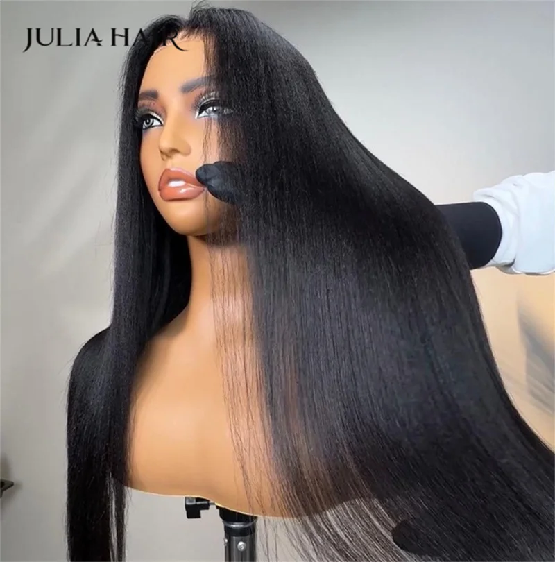 Julia Hair Upgrade 2.0 Drawstring Yaki Straight V Part Wig Realistic Scalp No Glue V Shape Human Hair Machine Made Wig 180%