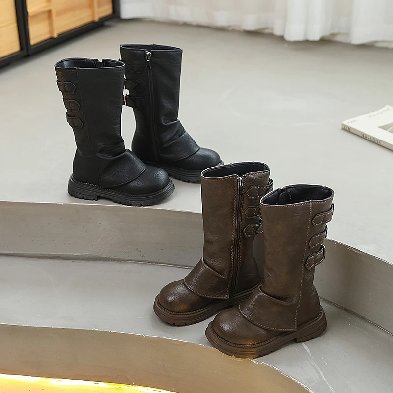 

Детские ботинки для девочек, осенние черные, коричневые, детские модные повседневные ботинки до середины икры, повседневные длинные сапоги на платформе с круглым носком для малышей